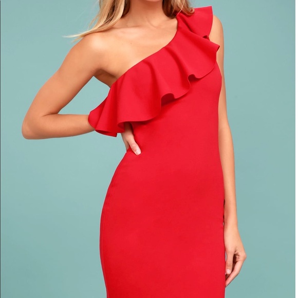 Apple Red Stretch one-Shoulder Ruffle Dress - Picture 1 of 8